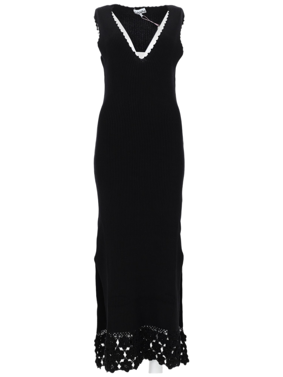 Ganni Ribbed Knit V-Neck Crochet Dress Zwart