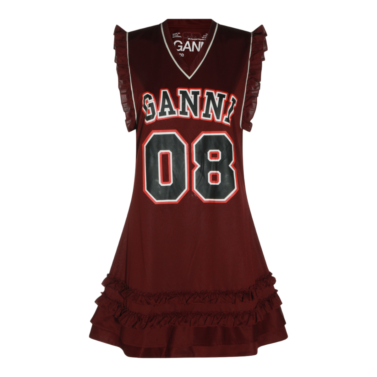 Ganni Deep V-Neck Dress With Ruffled Trim And Bold Graphics Zwart