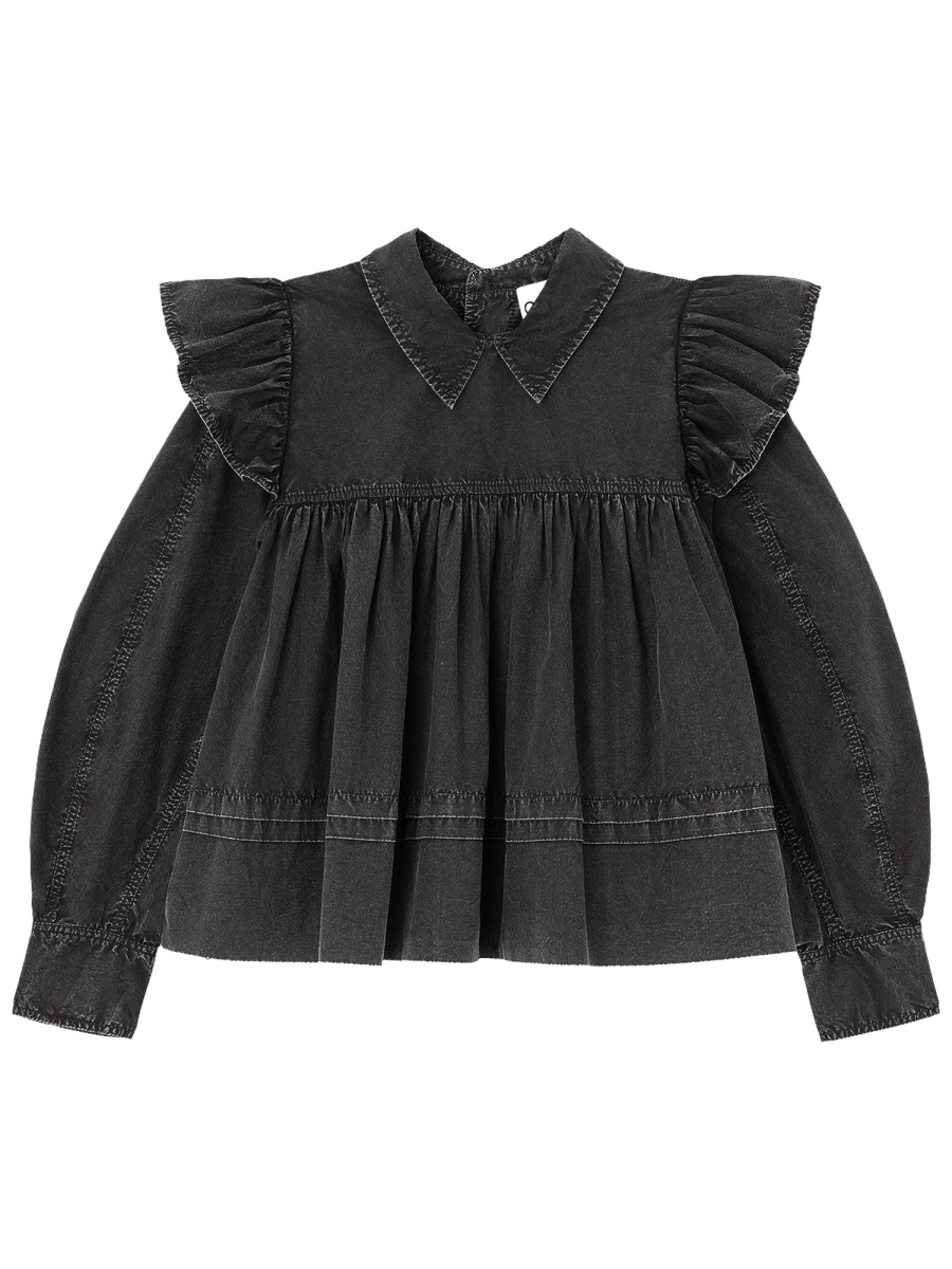 Ganni Black Puffed Padded Organic Cotton Blouse Zwart