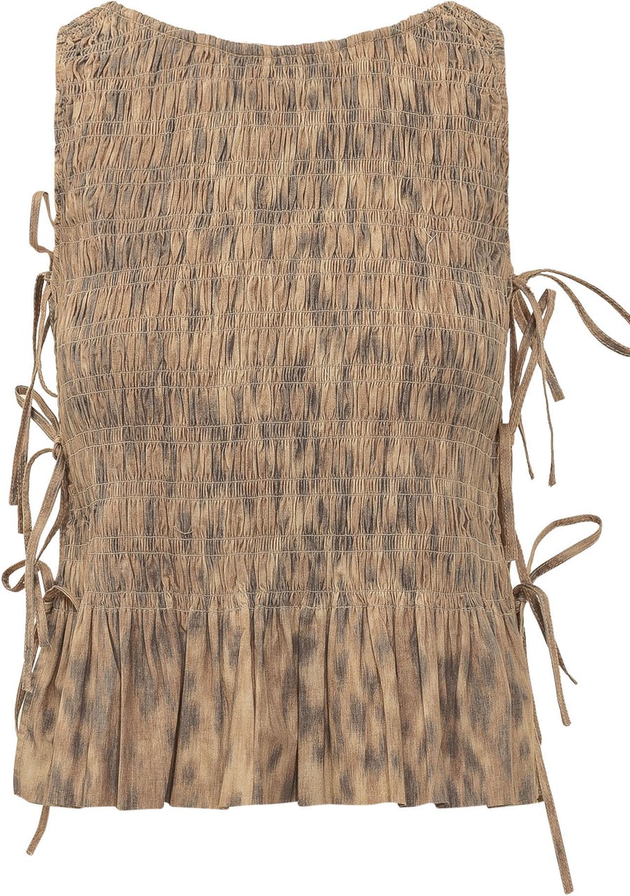 Ganni Top Drappeggiato con Stampa Taupe