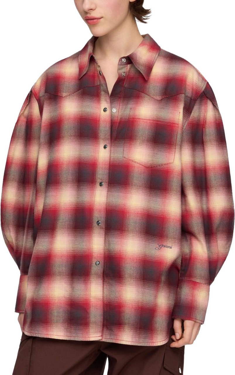 Ganni Camicia Check con Tasche Maroon