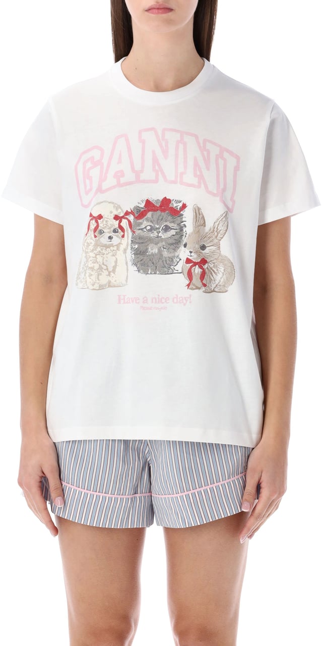 Ganni Tee Cut Animal Bianco Wit