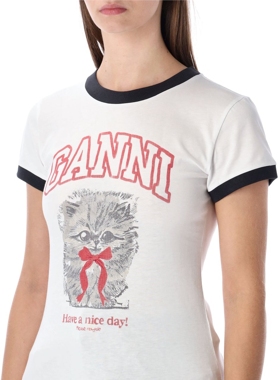 Ganni College Tee Magot Cat Bianco Wit