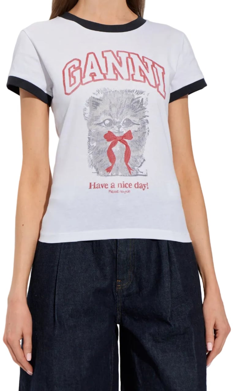 Ganni BASIC COTTON JERSEY MARGOT KITTY PRINT BRIGHT WHITE Wit
