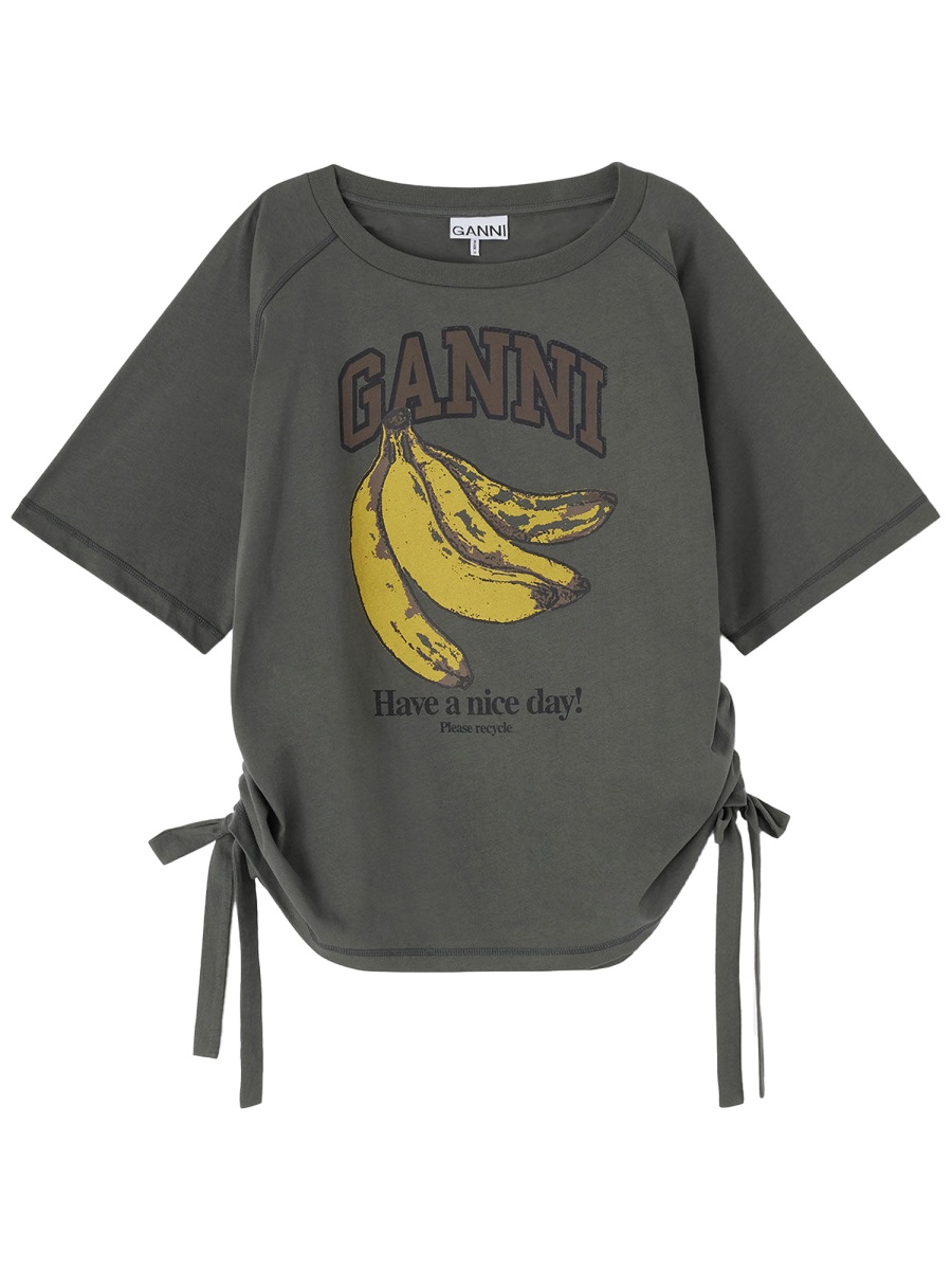 Ganni Neutrals Grey Banana Side Ties T-Shirt Grijs
