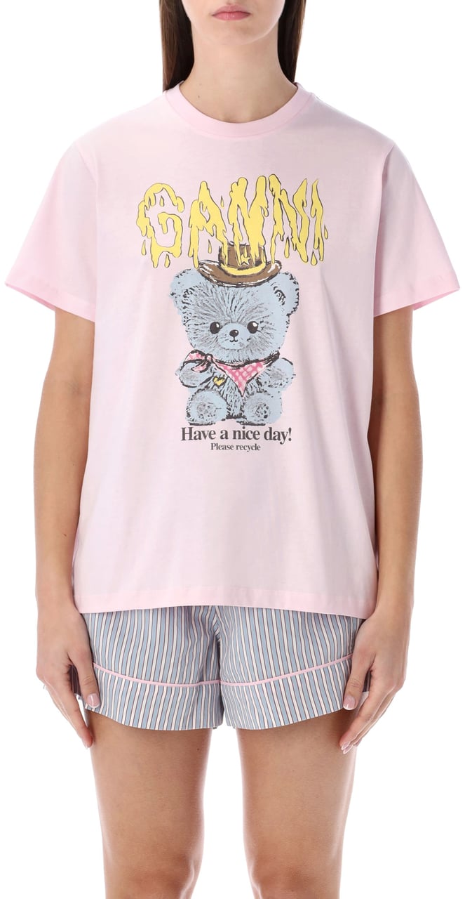 Ganni Tee Cowboy Bear Chalk Pink Roze