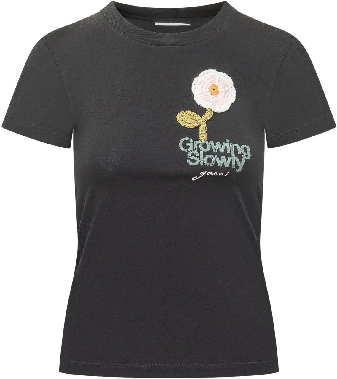Ganni T-shirt con Ricamo Floreale e Stampa Donkergrijs