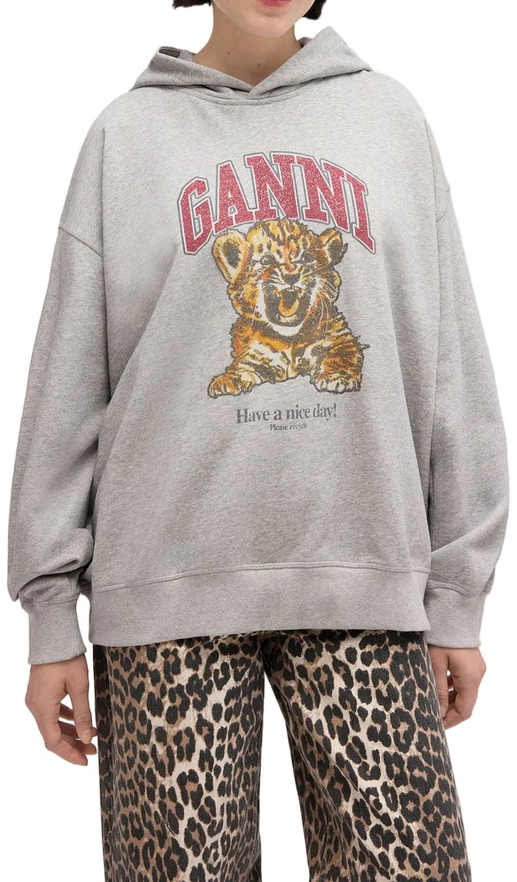 Ganni ISOLI HOODIE BEADED BABY TIGER PRINT PALOMA Grijs