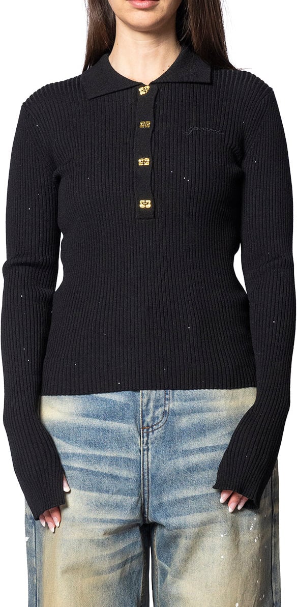 Ganni FINE SEQUIN POLO BLACK Zwart