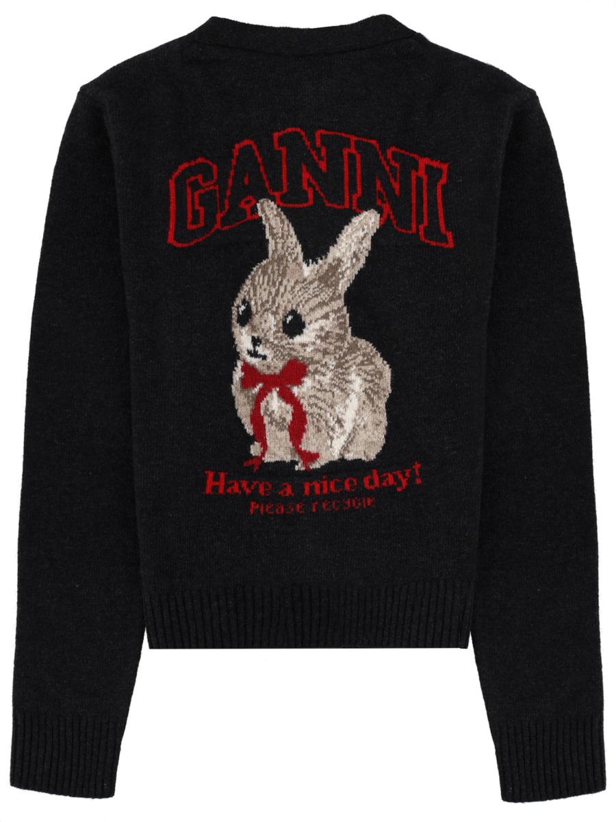 Ganni Graphics Bow Bunny Knit Cardigan Zwart