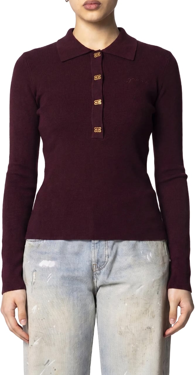 Ganni MINI RIBBED MERINO POLO RED DAHLIA Divers