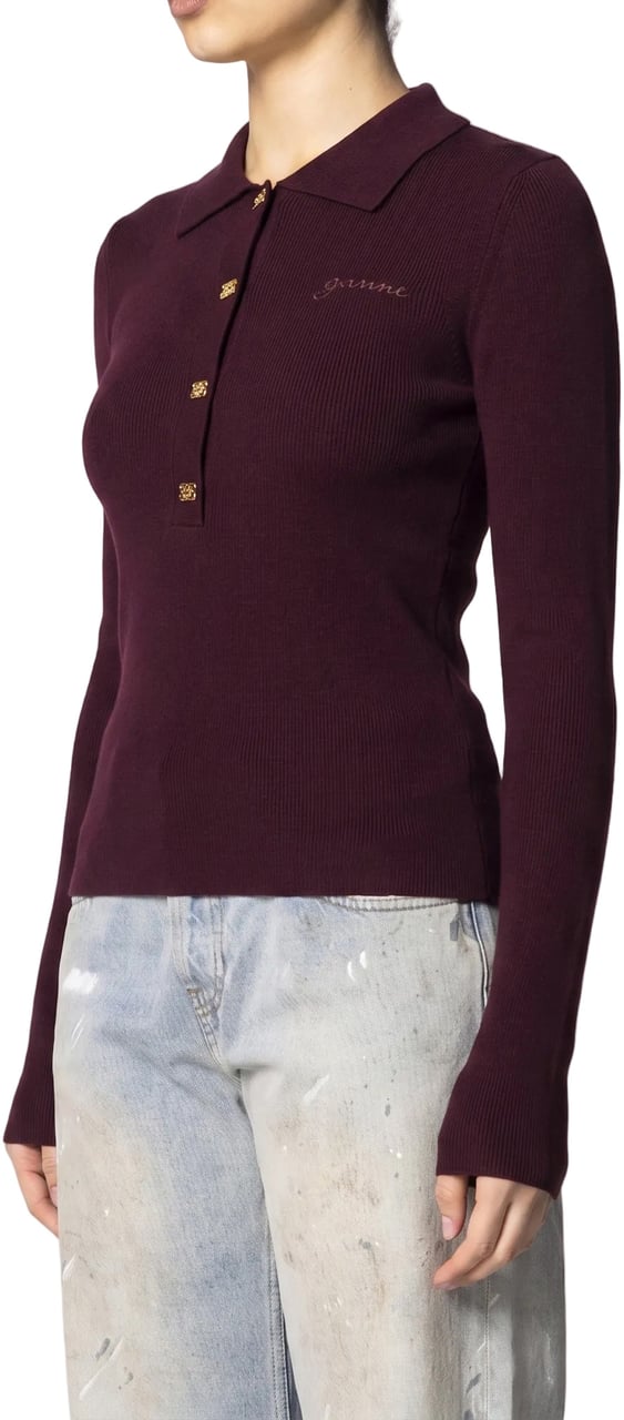 Ganni MINI RIBBED MERINO POLO RED DAHLIA Divers