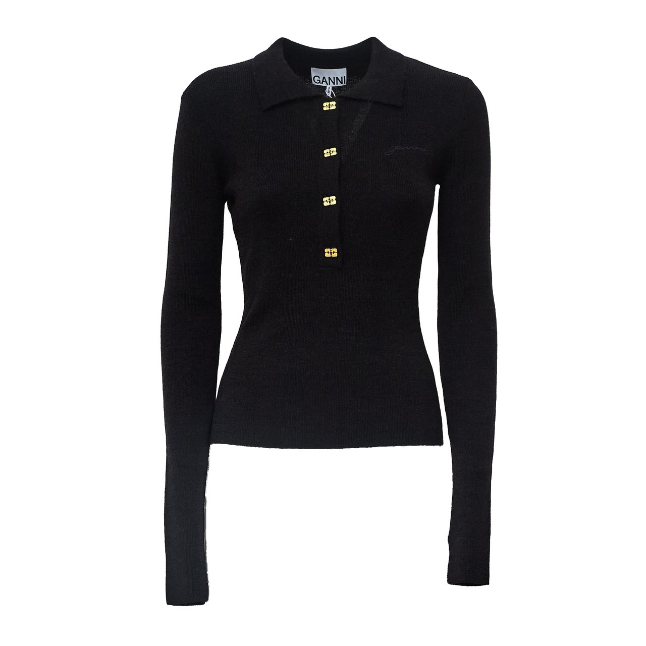 Ganni Ribbed Merino Wool Polo Top With Butterfly Buttons Zwart