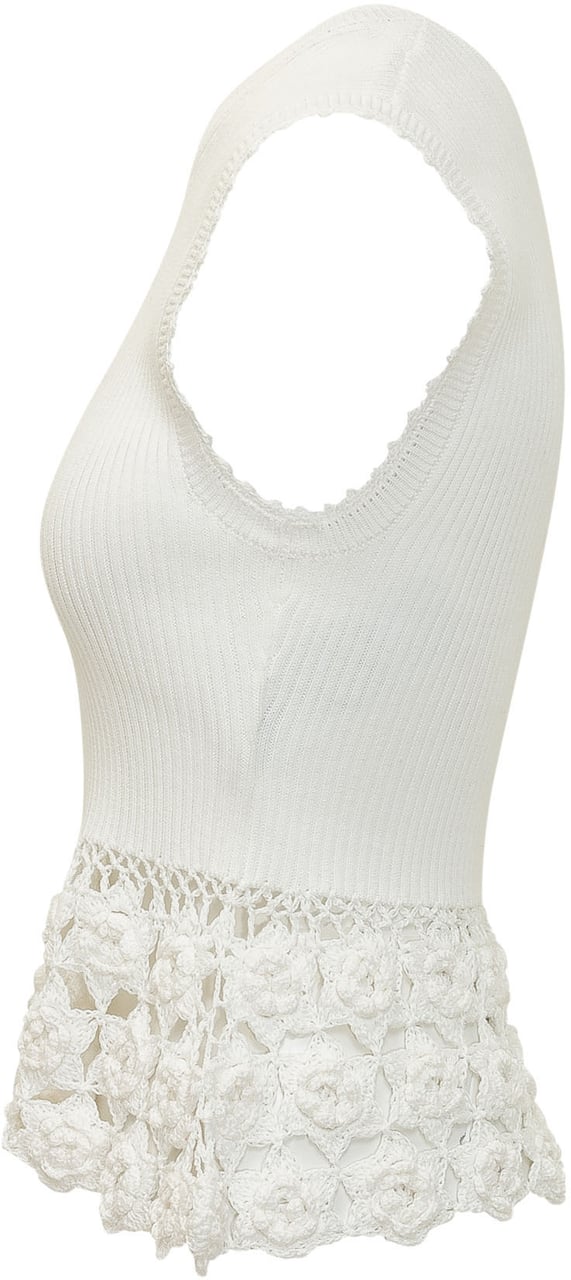 Ganni Top in Maglia a Coste con Inserto Crochet Floreale Wit