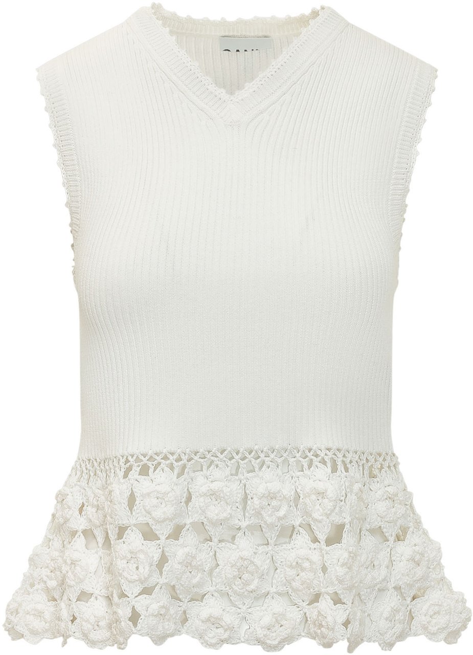 Ganni Top in Maglia a Coste con Inserto Crochet Floreale Wit