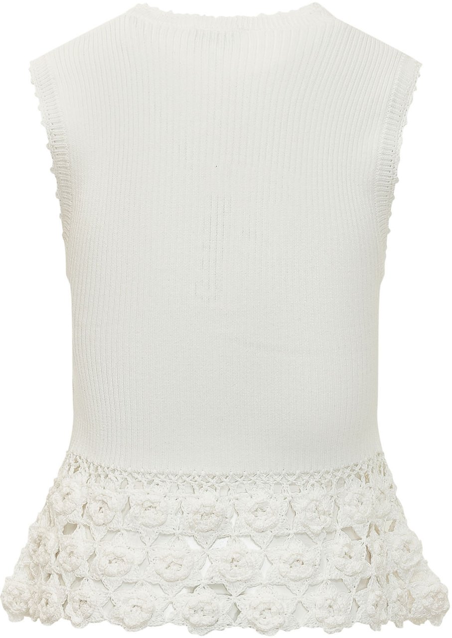 Ganni Top in Maglia a Coste con Inserto Crochet Floreale Wit