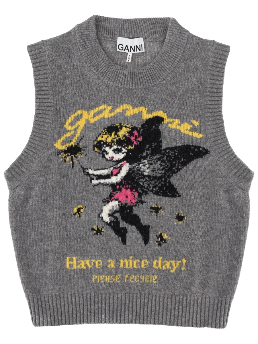 Ganni Fairy Graphic Ribbed Crew Neck Vest Grijs