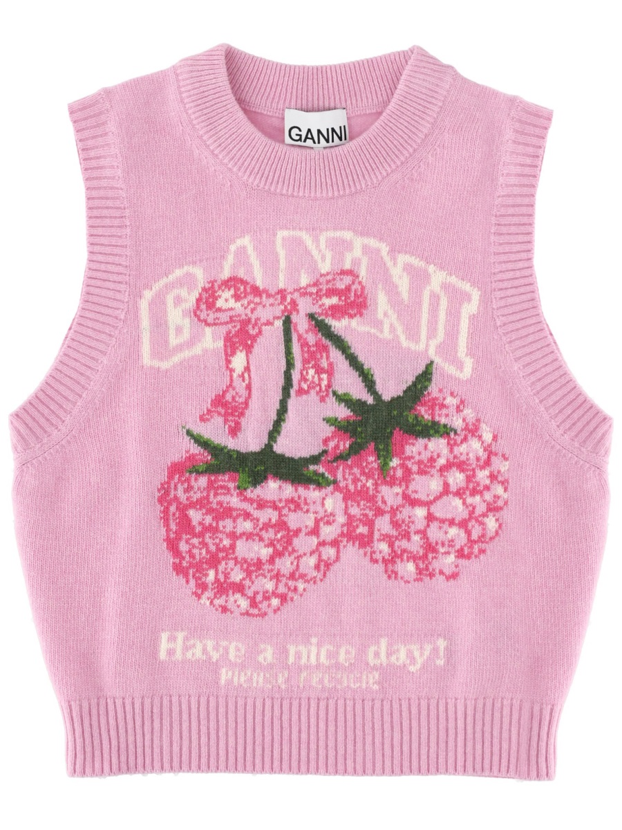 Ganni Raspberry Graphics Ribbed Edges Knit Vest Roze