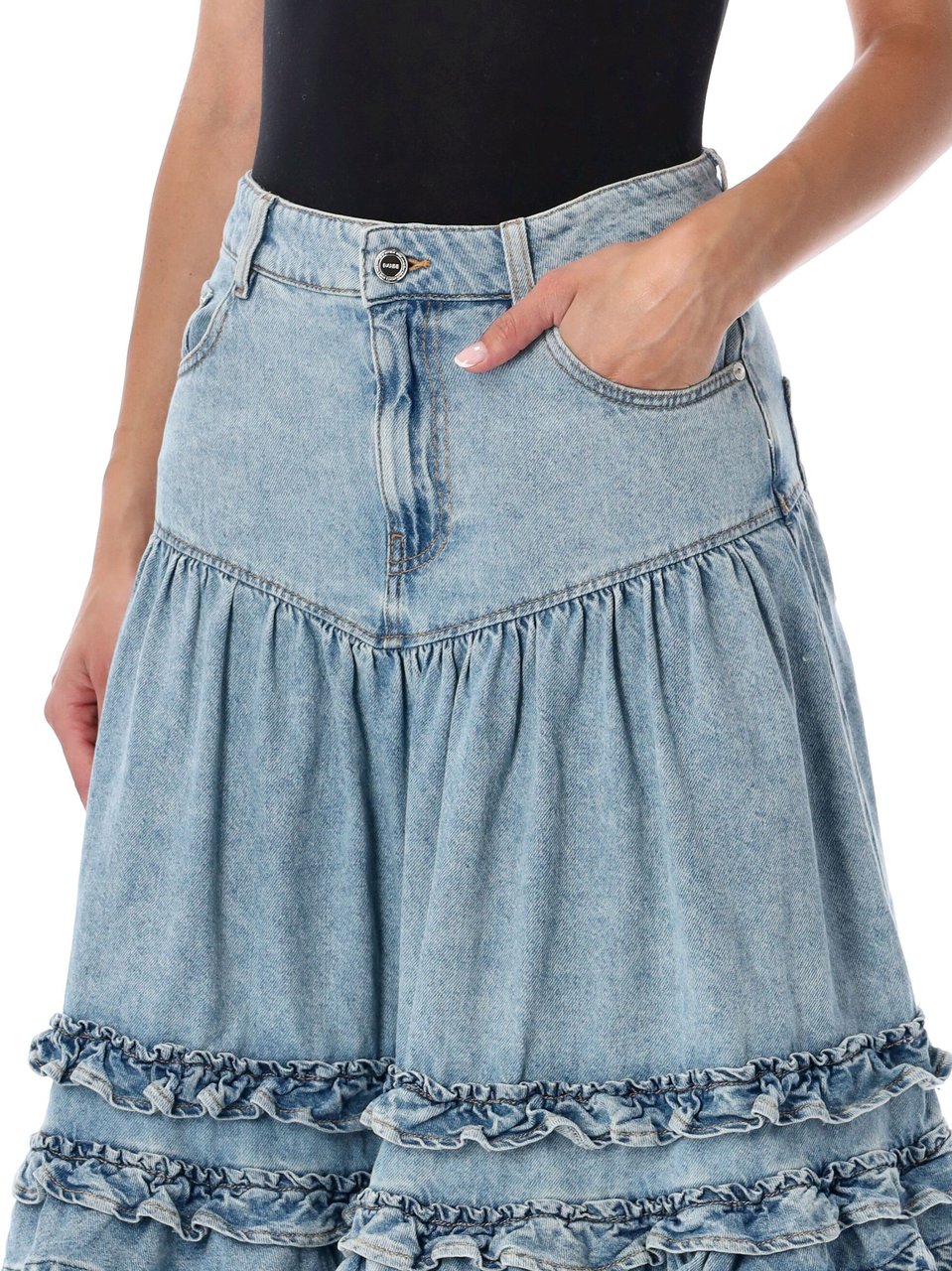 Ganni Denim Frill Midi Skirt Blu Lichtblauw