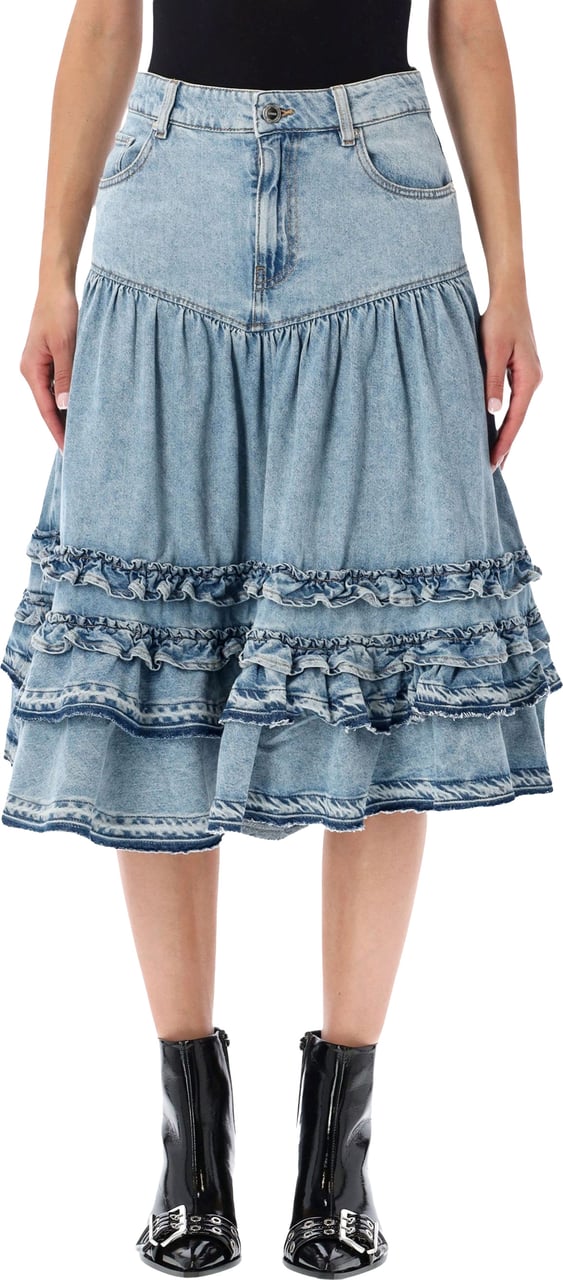 Ganni Denim Frill Midi Skirt Blu Lichtblauw