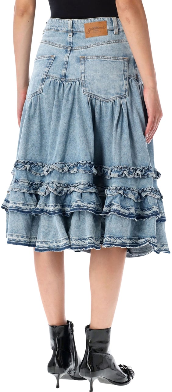 Ganni Denim Frill Midi Skirt Blu Lichtblauw
