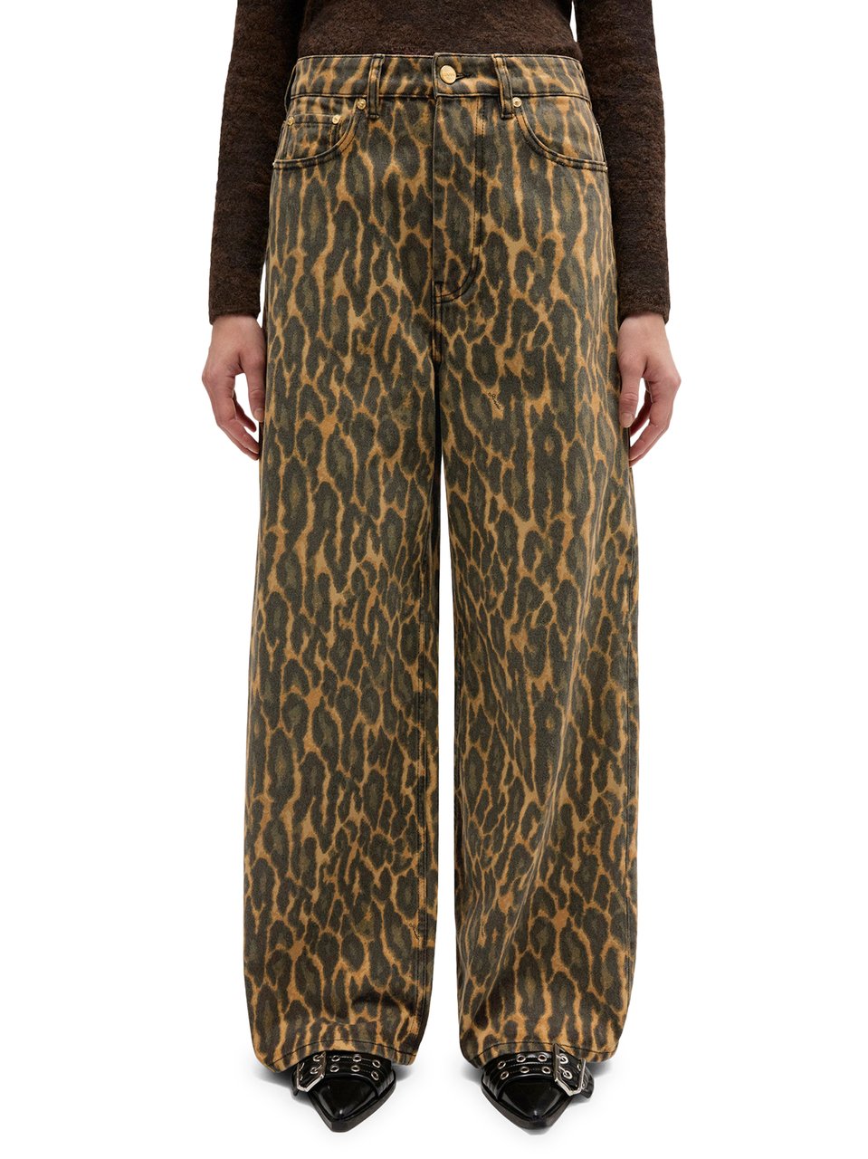 Ganni Animal Print Denim Baggy Jeans with Five-Pocket Design Grijs
