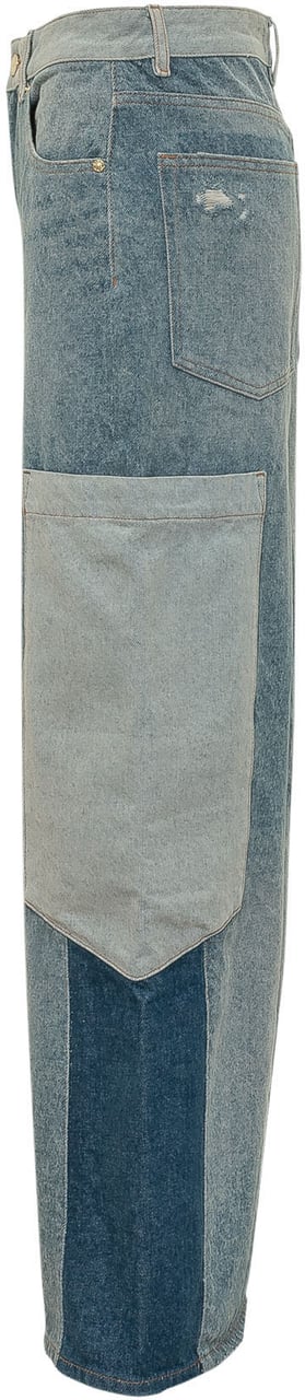 Ganni Jeans Cargo Patchwork a Gamba Ampia Blauw