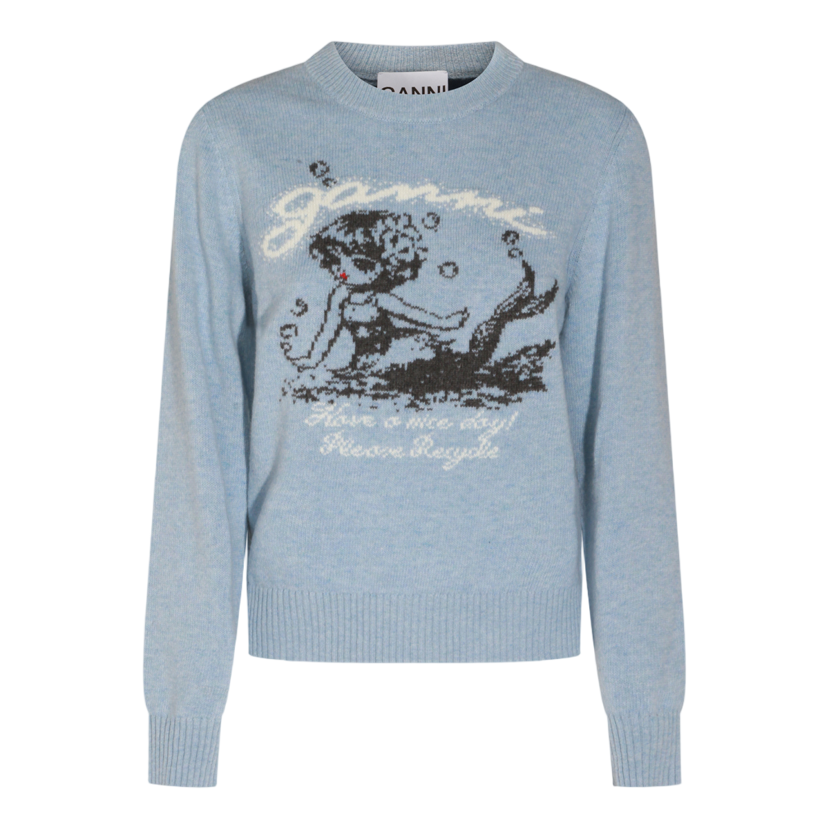 Ganni Light Blue Knit Sweater With Mermaid Graphic Design Blauw