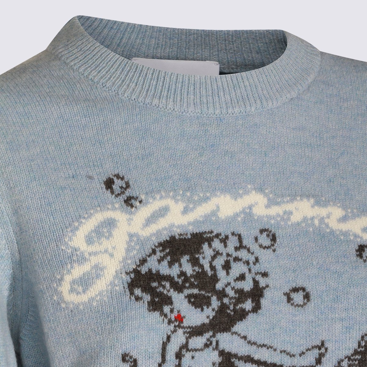 Ganni Light Blue Knit Sweater With Mermaid Graphic Design Blauw