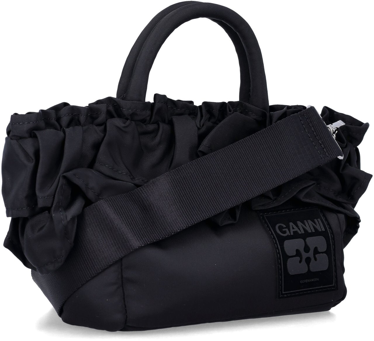 Ganni Mini Shopper Ruffle Nero Zwart