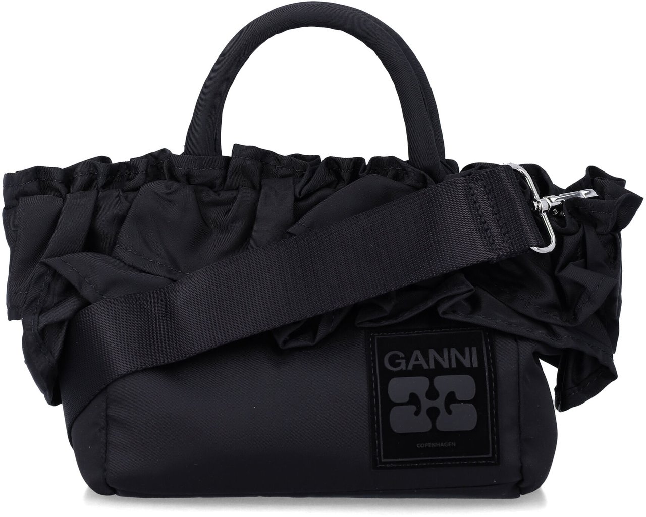 Ganni Ganni Black Nylon Ruffled Top Handle Bag Zwart