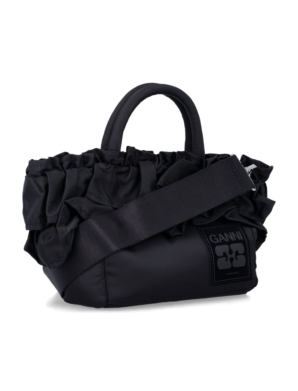Ganni Ganni Black Nylon Ruffled Top Handle Bag Zwart