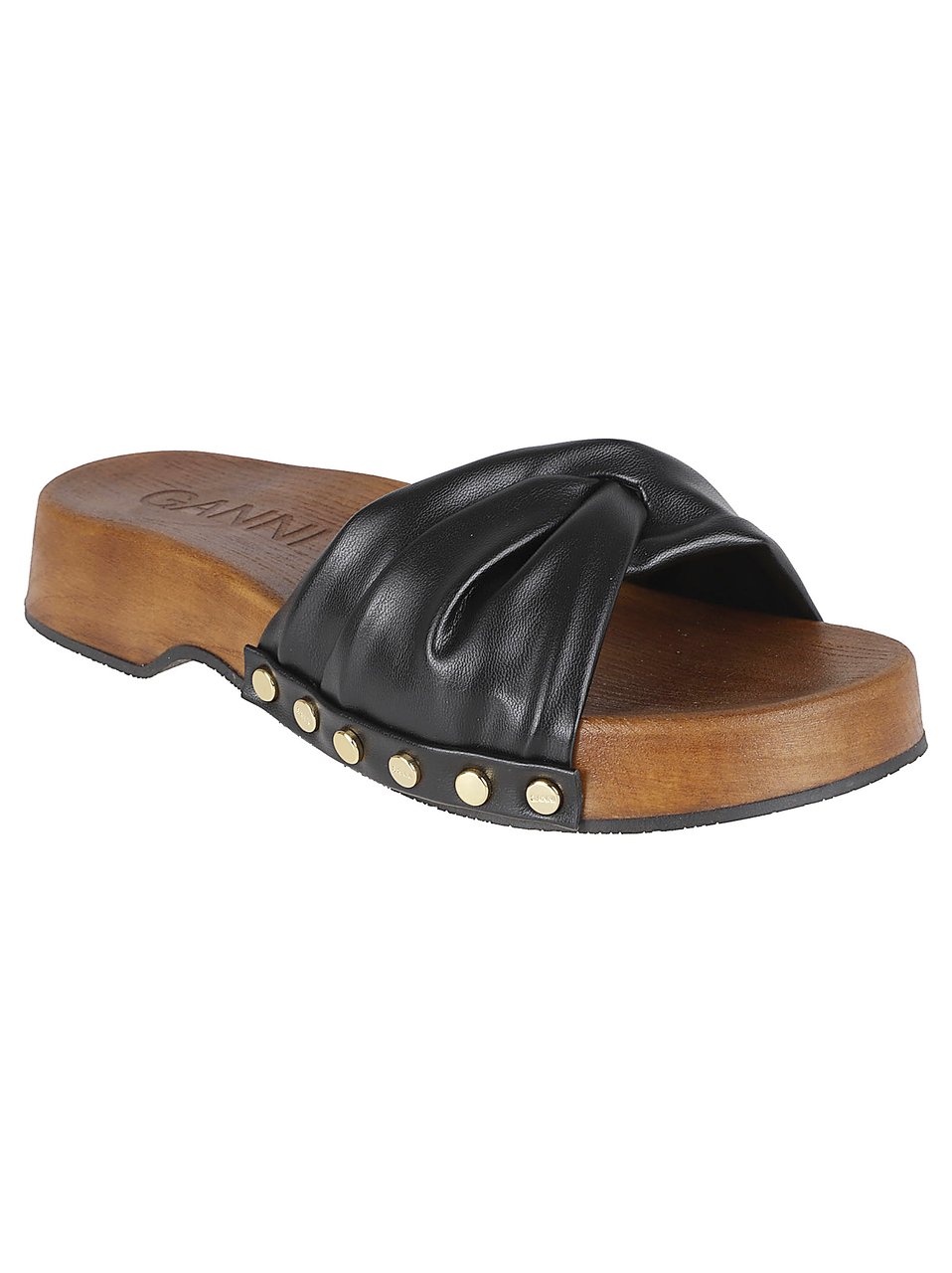 Ganni Knotted Strap Slip-On Sandals with Gold-Stud Accents Bruin