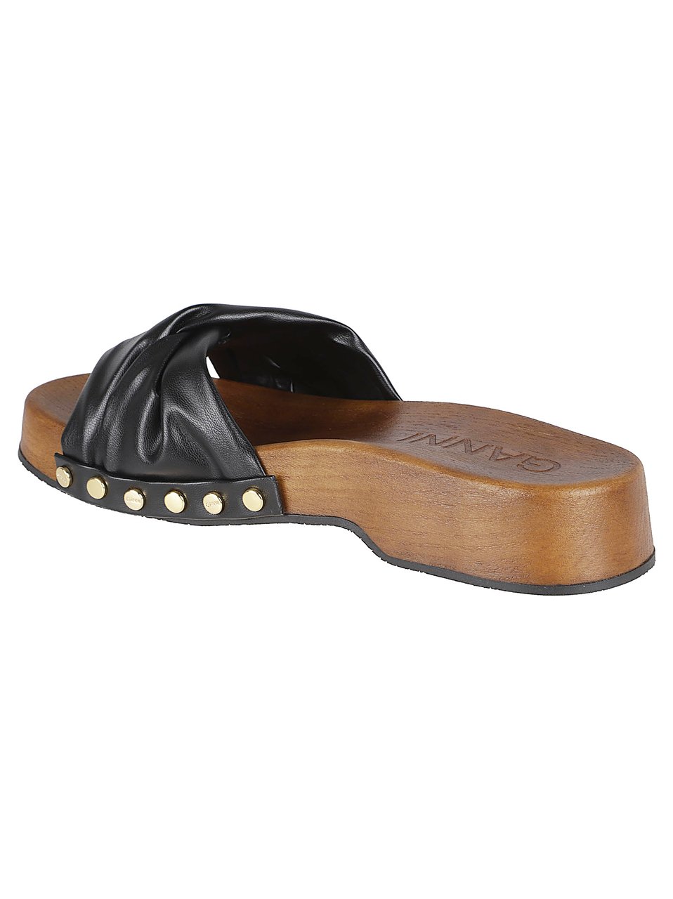 Ganni Knotted Strap Slip-On Sandals with Gold-Stud Accents Bruin