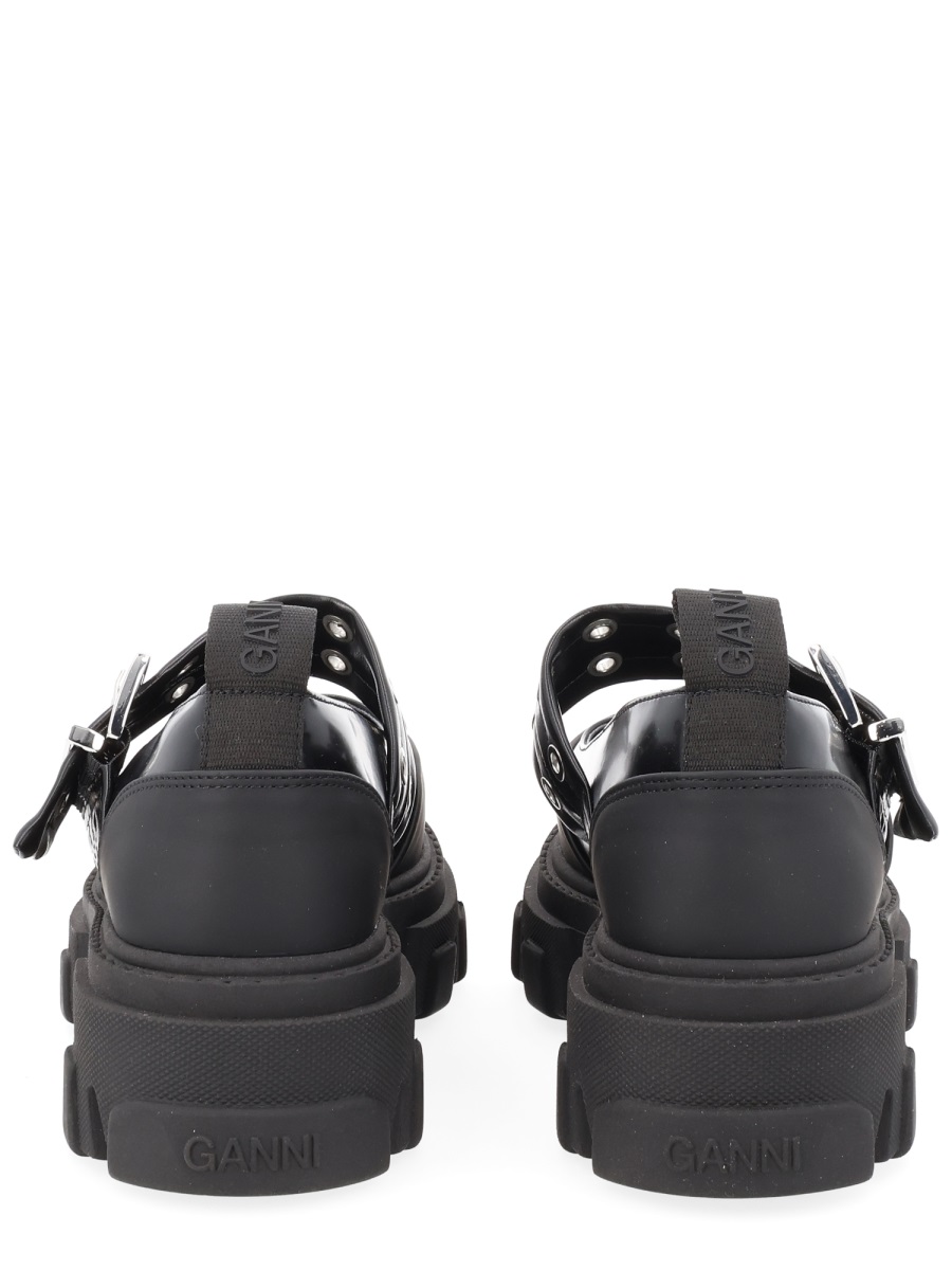 Ganni Logo Buckle Eyelets Platform Flats Zwart