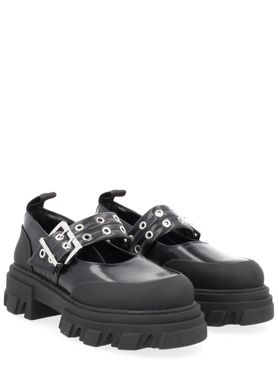 Ganni Logo Buckle Eyelets Platform Flats Zwart
