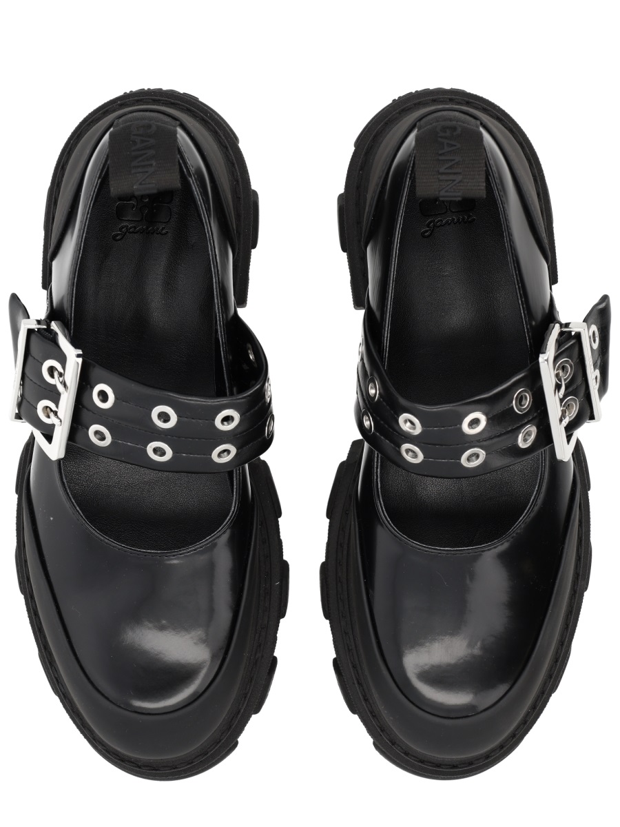 Ganni Logo Buckle Eyelets Platform Flats Zwart