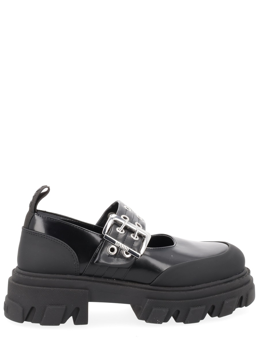 Ganni Logo Buckle Eyelets Platform Flats Zwart