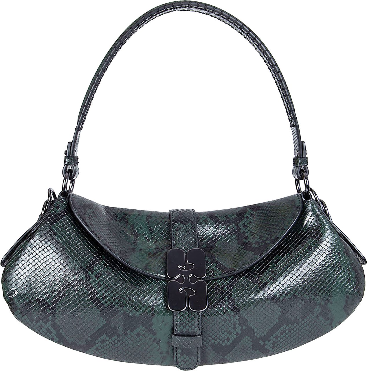 Ganni Crescent-Shaped Shoulder Bag in Glossy Faux Snake Texture Grijs