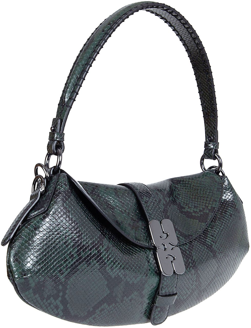 Ganni Crescent-Shaped Shoulder Bag in Glossy Faux Snake Texture Grijs