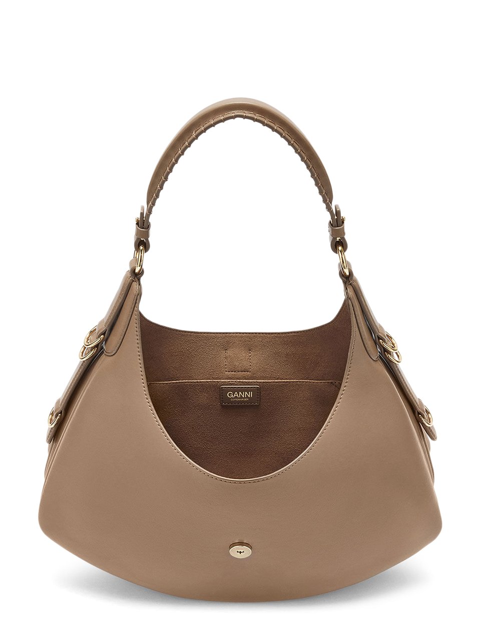 Ganni Curved Brown Handbag with Gold-Tone Accents Bruin