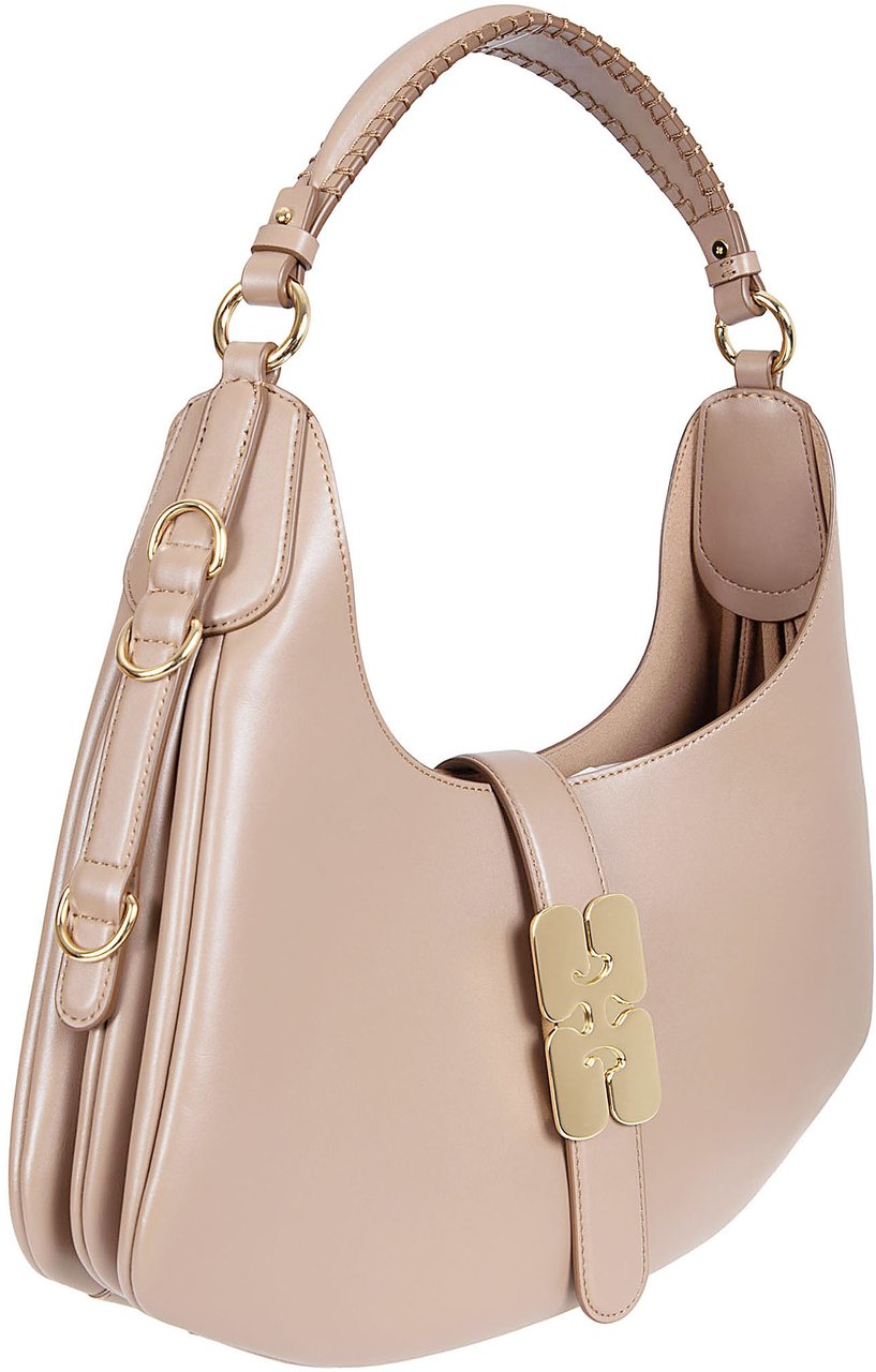 Ganni Crescent-Shaped Handbag with Gold Floral Clasp Bruin
