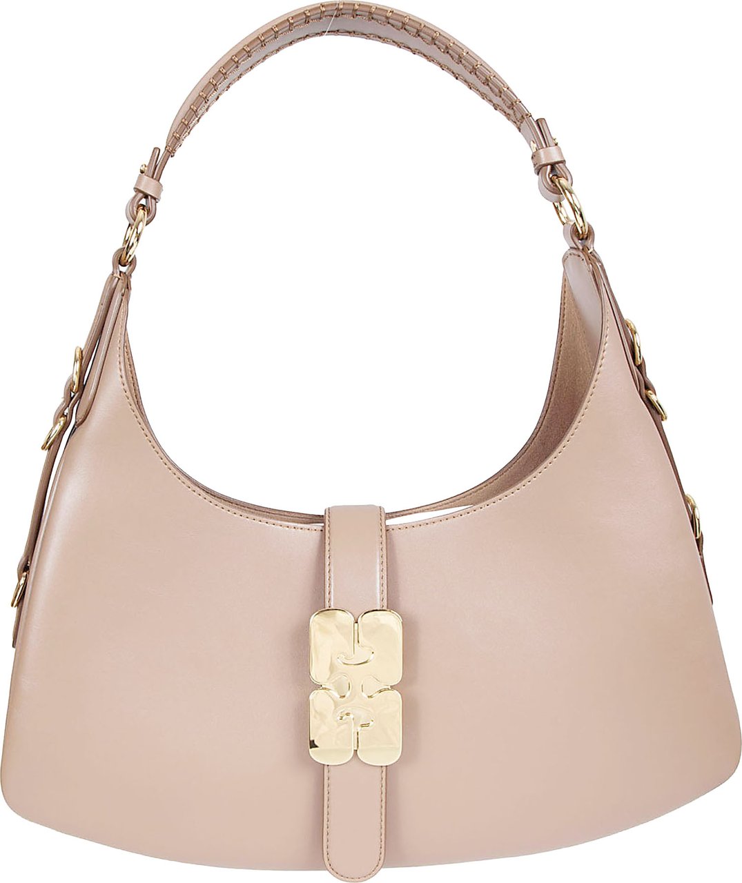 Ganni Crescent-Shaped Handbag with Gold Floral Clasp Bruin