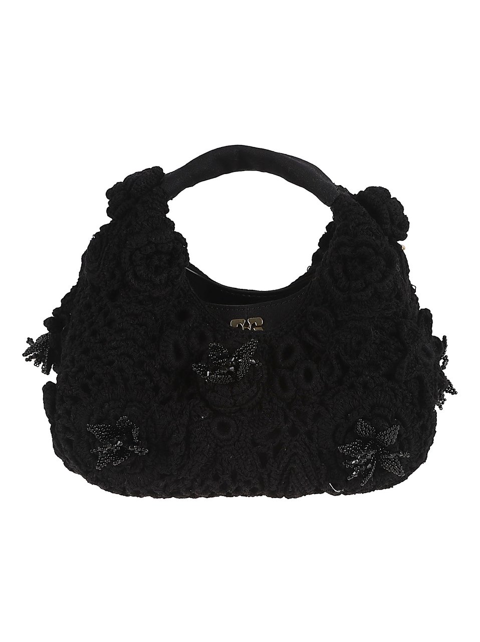 Ganni Beaded Crochet Handbag with Leather Accents Zwart