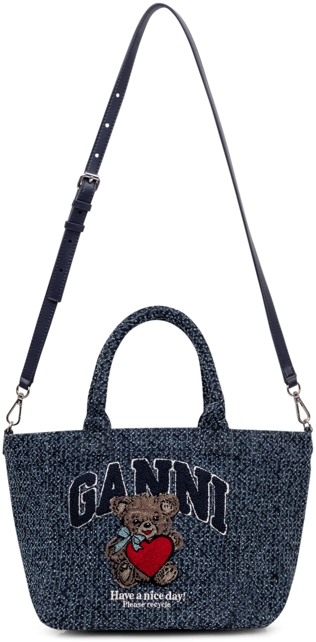 Ganni Shopper Piccola Con Ricamo Orsetto Navy