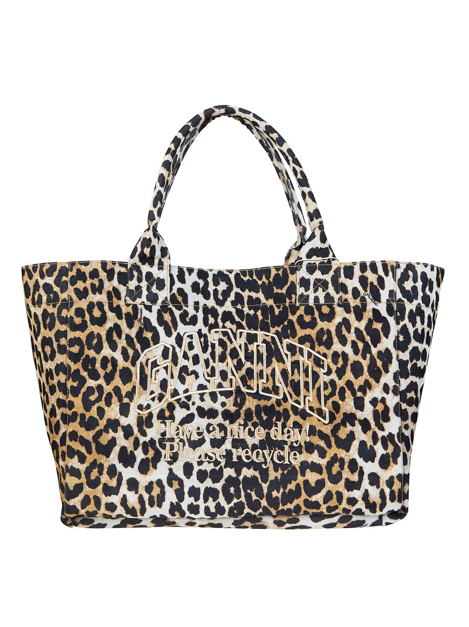 Ganni Denim Leopard Print External Pocket Tote Bag Blauw