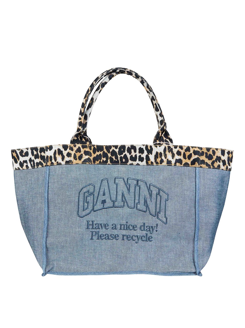 Ganni Denim Leopard Print External Pocket Tote Bag Blauw