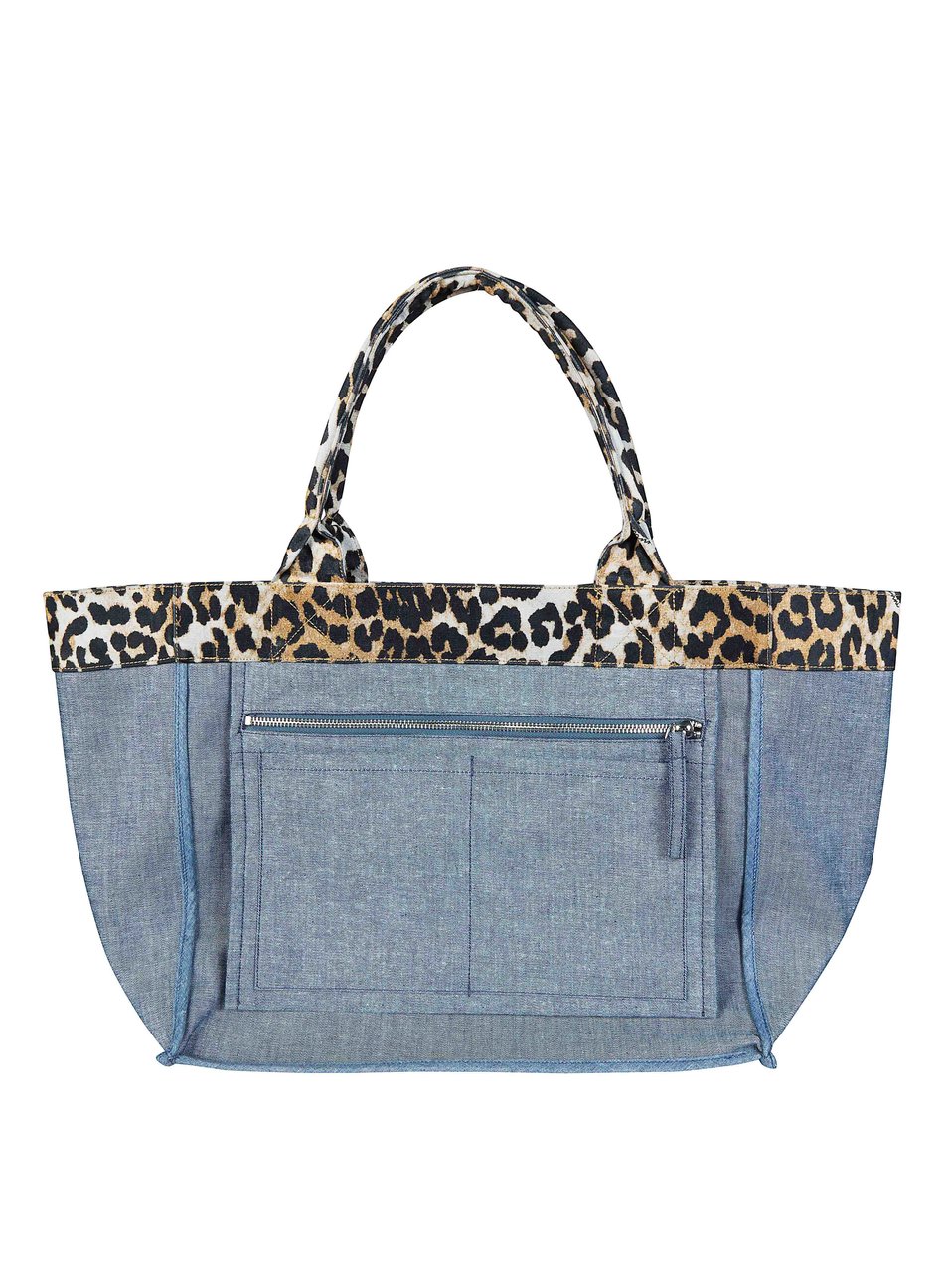 Ganni Denim Leopard Print External Pocket Tote Bag Blauw