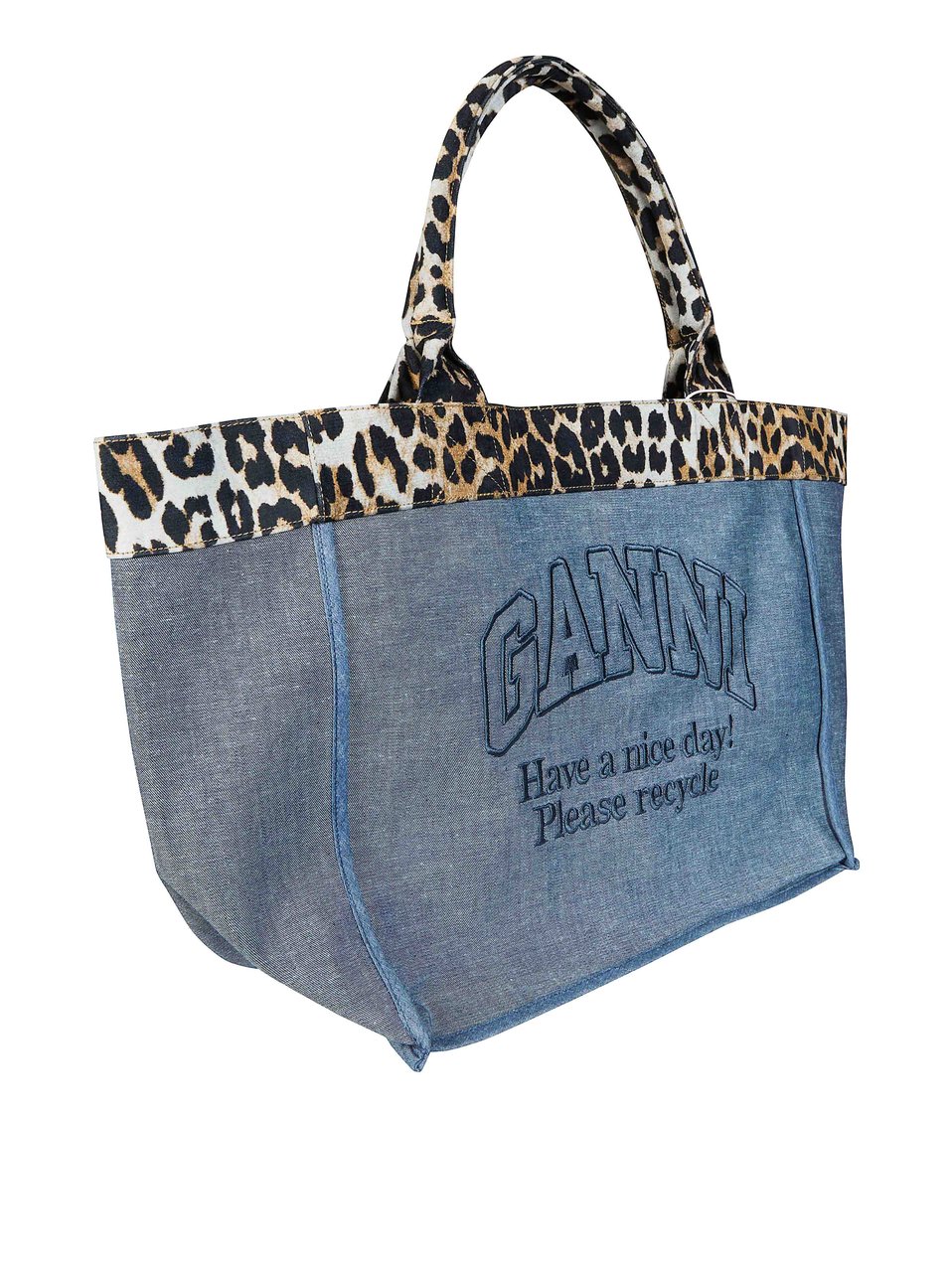 Ganni Denim Leopard Print External Pocket Tote Bag Blauw