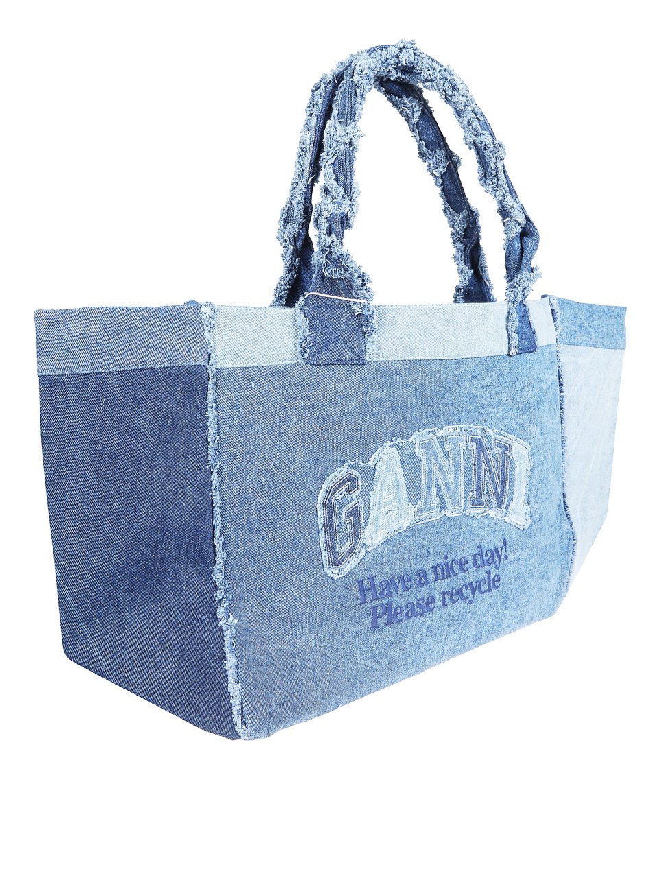 Ganni Xxl Patchwork Denim Frayed Tote Bag Blauw